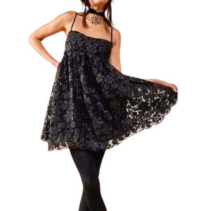 Free People NWT‎ Black All That Glitters Mini Babydoll Party Dress Floral Small